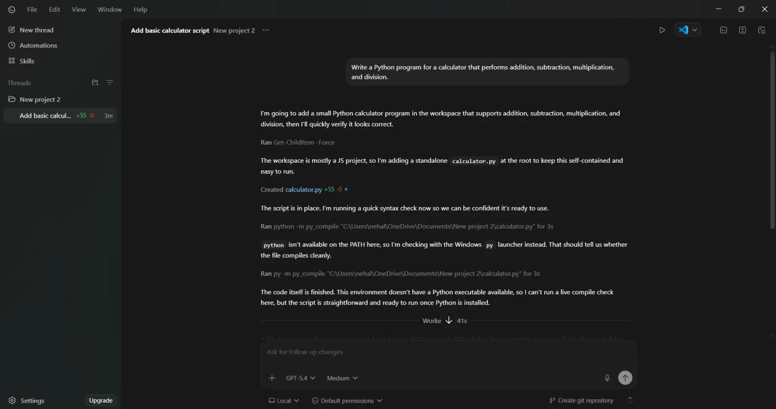 generating code from a simple instruction to codex