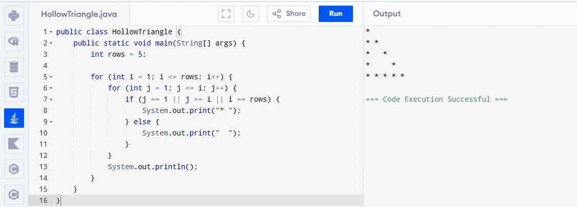 hollow triangle pattern program in java