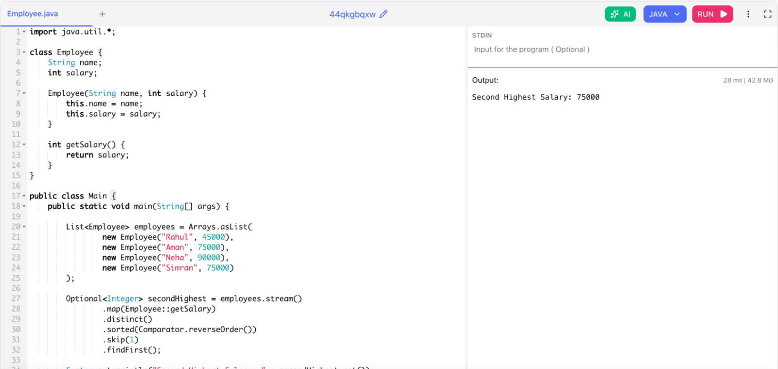 Find Second-Highest Salary Using Stream API