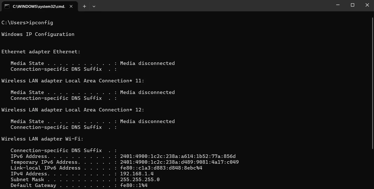 Key Command Prompt Commands: ipconfig