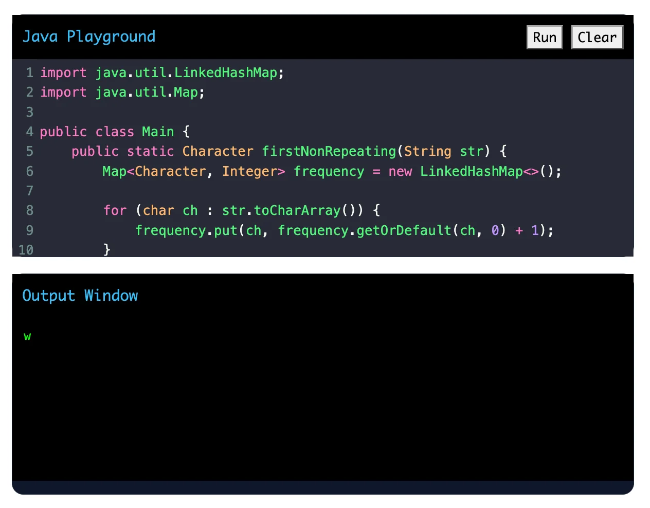 Java program to find the first non-repeating character in a string.