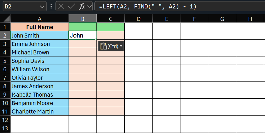 Extract First Name: Using LEFT + FIND (works in all Excel versions)