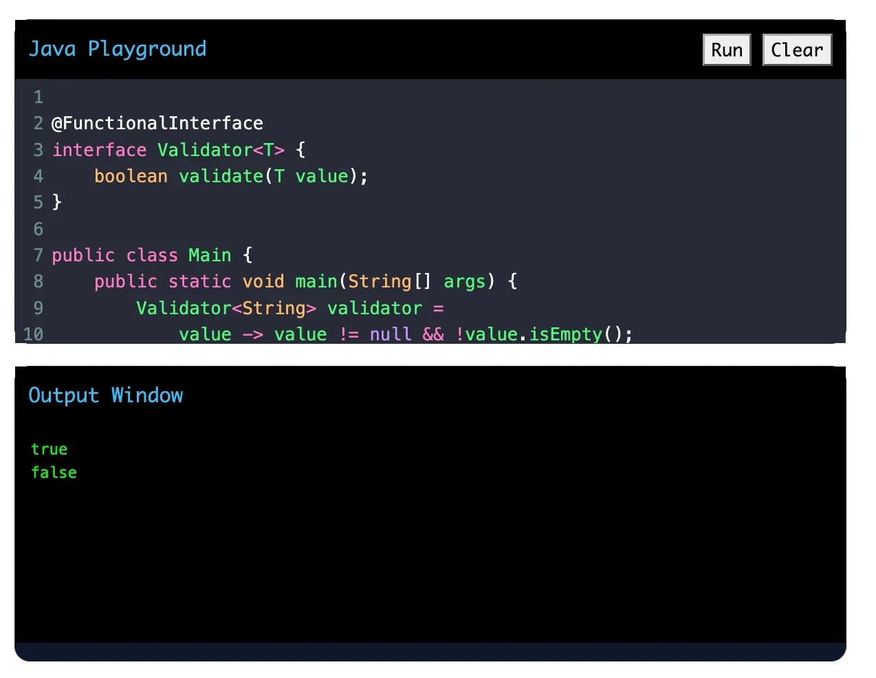 Java lambda expressions and functional interfaces in Java.