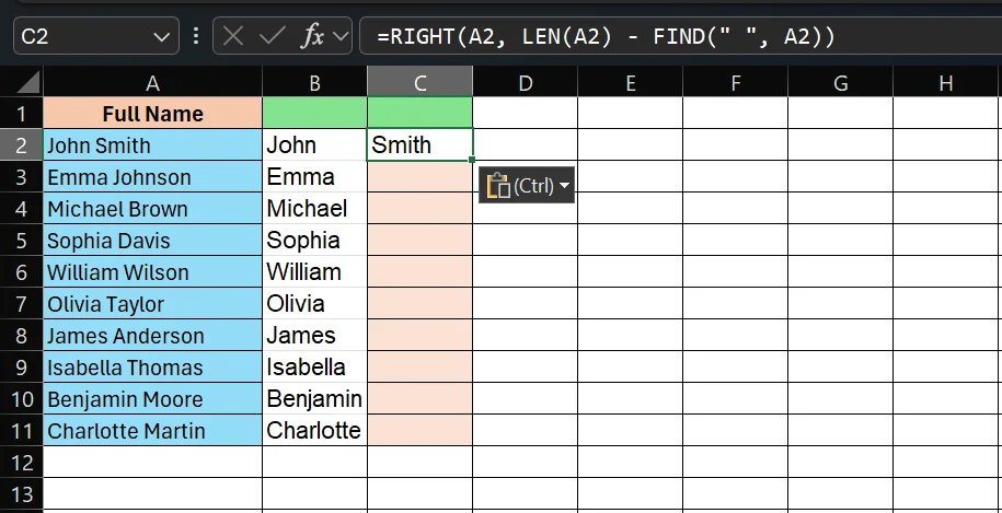 Extract Last Name: Using RIGHT + LEN + FIND (works in all Excel versions)