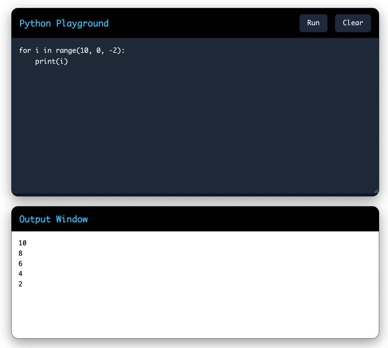Python Example 2: range() with Start, Stop and Step