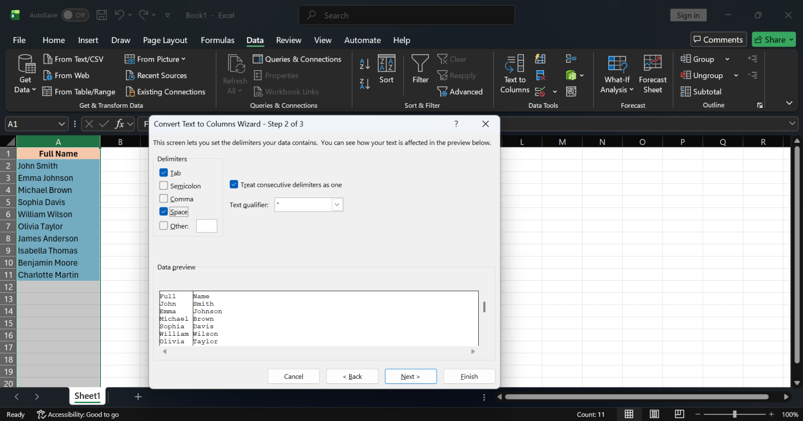 Method 1: Text to Columns (Fastest for Consistent Data)