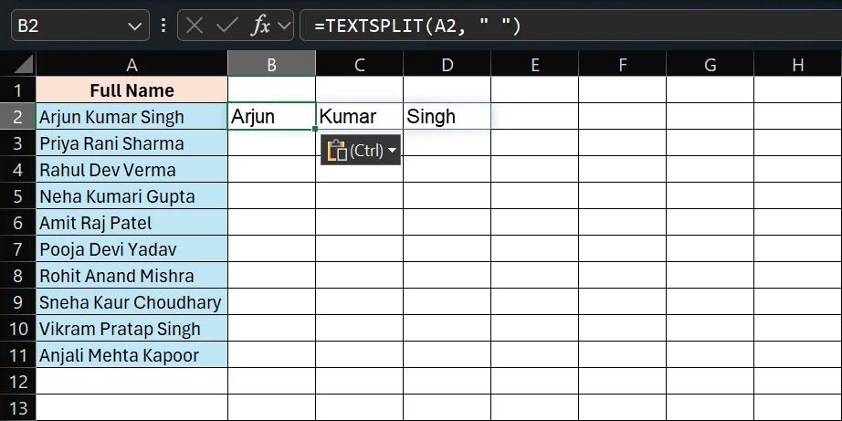 TEXTSPLIT Function example 2
