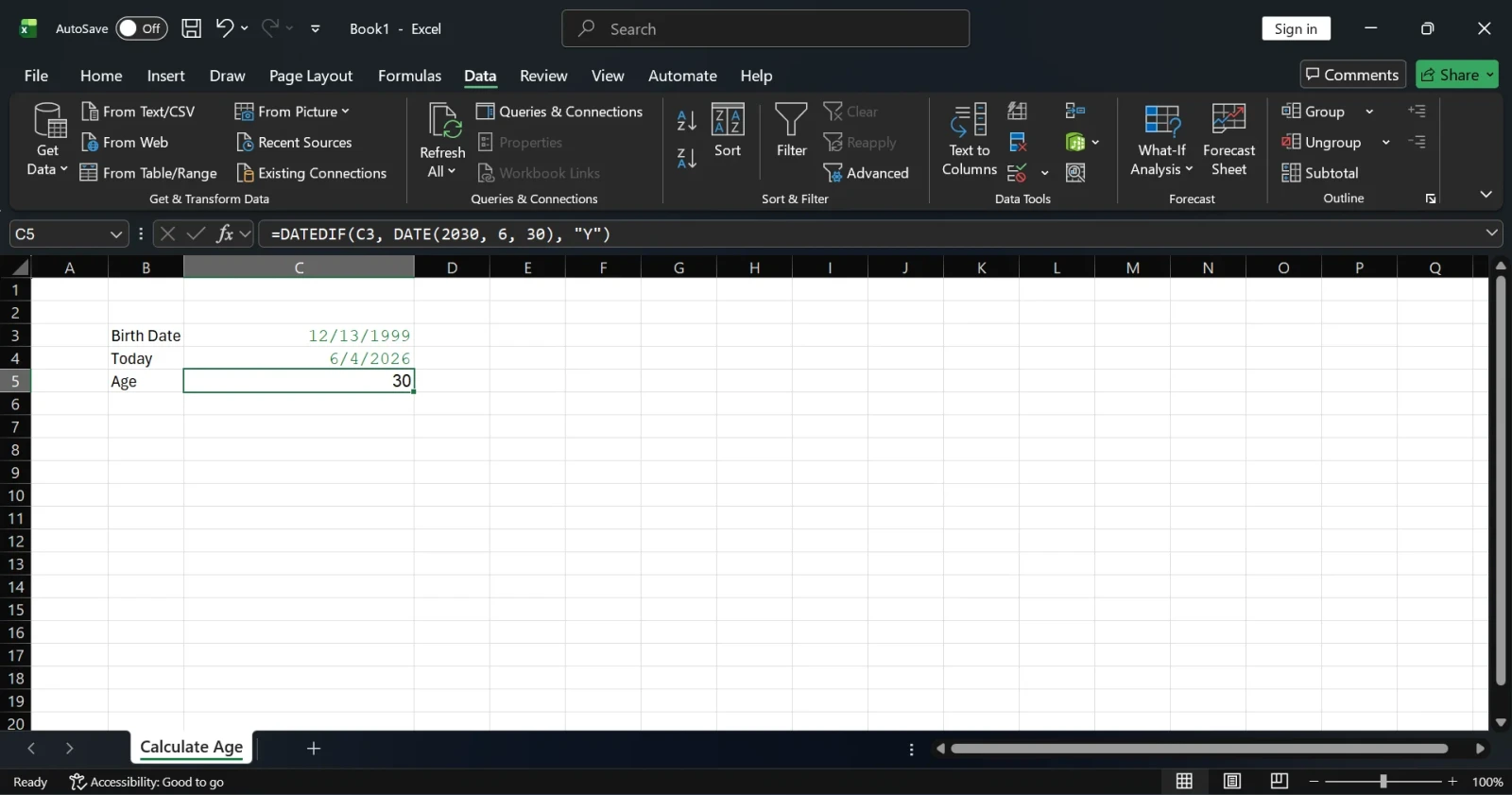 Method 6: Calculate Age in a Specific Year Only example 2
