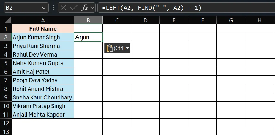 Extract First name using LEFT + FIND