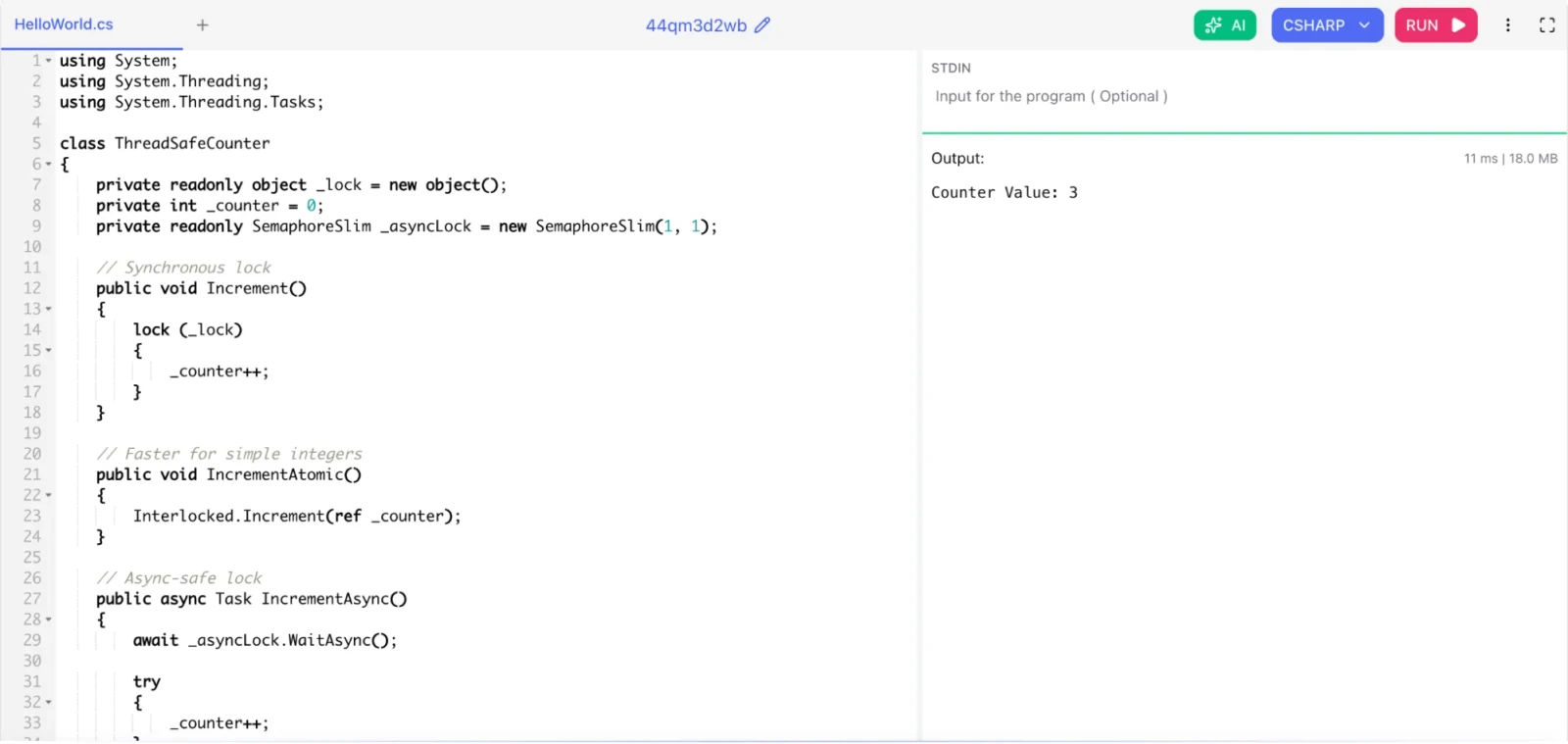 You are designing a service that multiple threads will access concurrently. How do you make it thread-safe in C#?