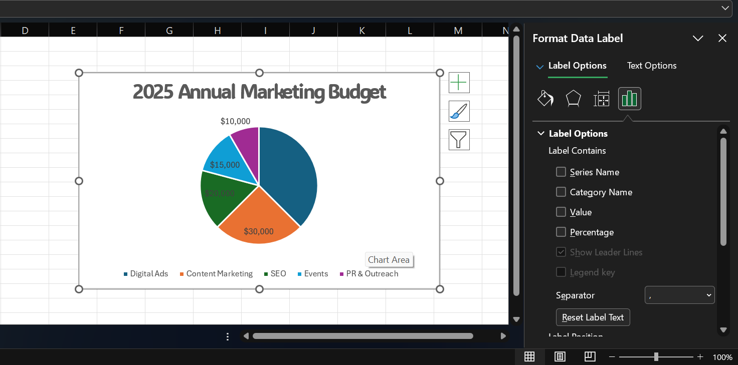 How to Add Data Labels in excel pie chart