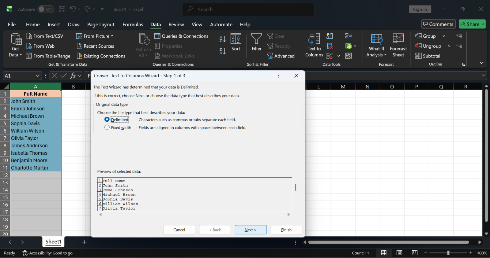 Method 1: Text to Columns (Fastest for Consistent Data)