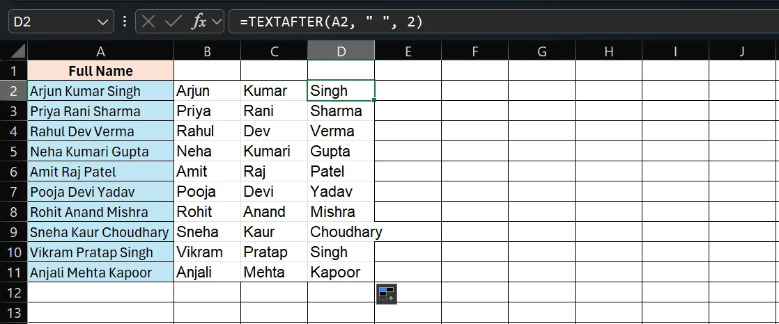 Extract Middle Name: using TEXTAFTER in Excel 365