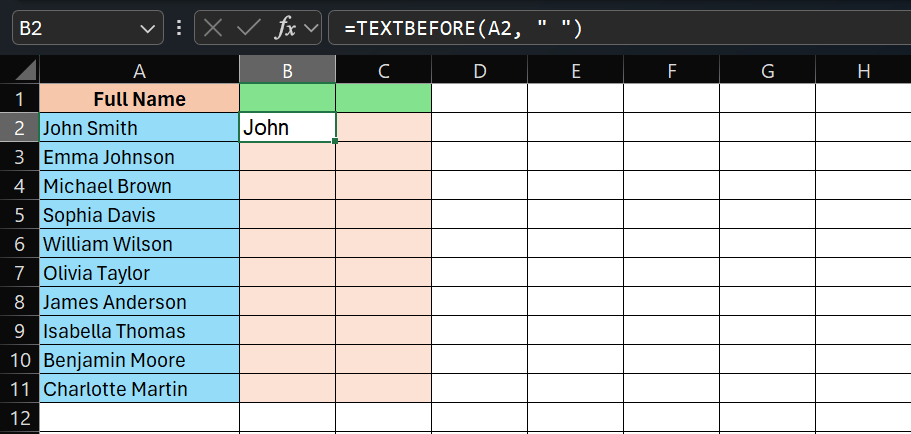 Extract First Name: Using TEXTBEFORE (Excel 365 / Excel 2021 and later)