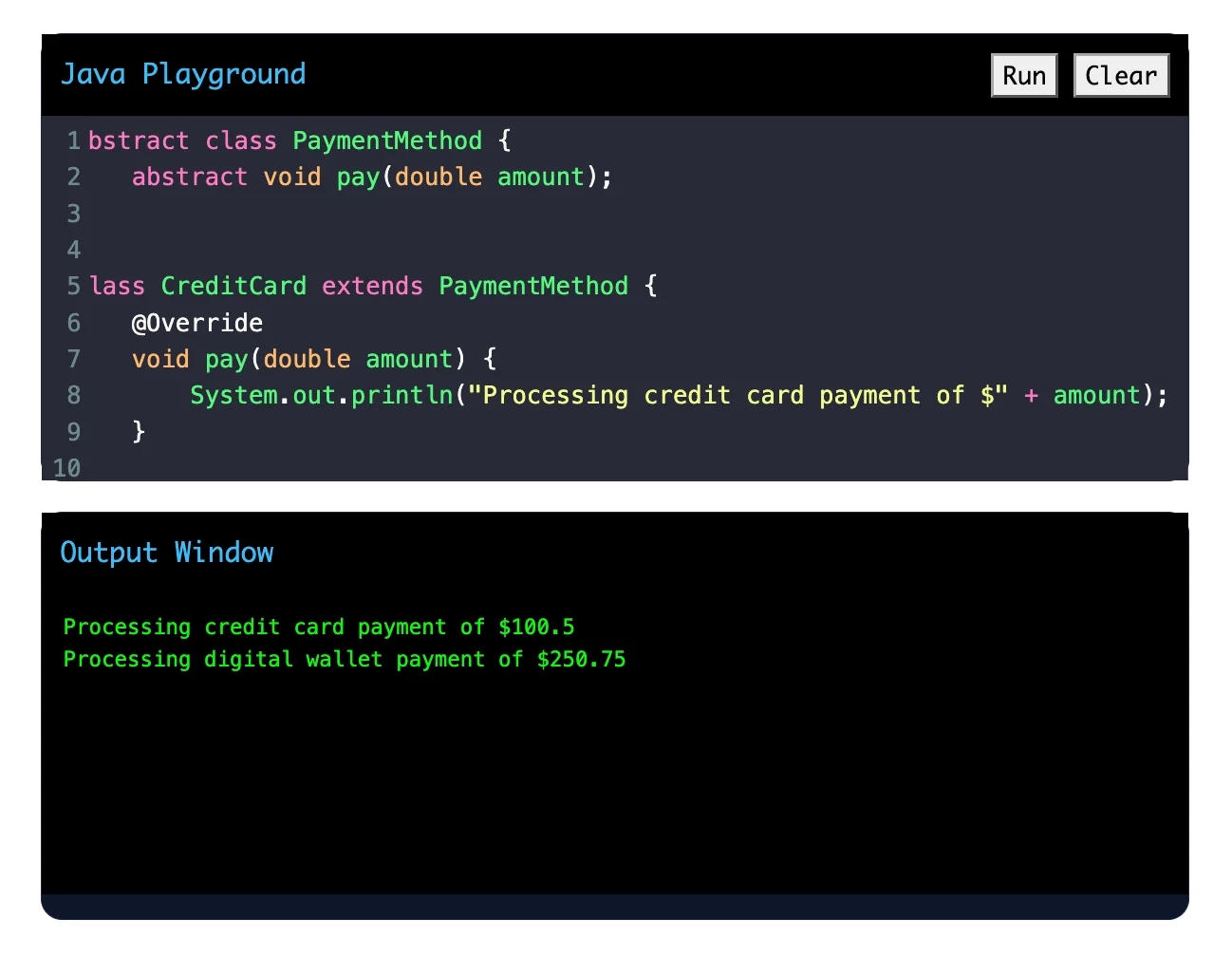 Polymorphism in java example: payment process system