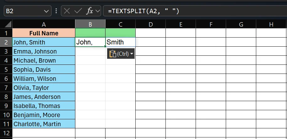 TEXTSPLIT Function example 1