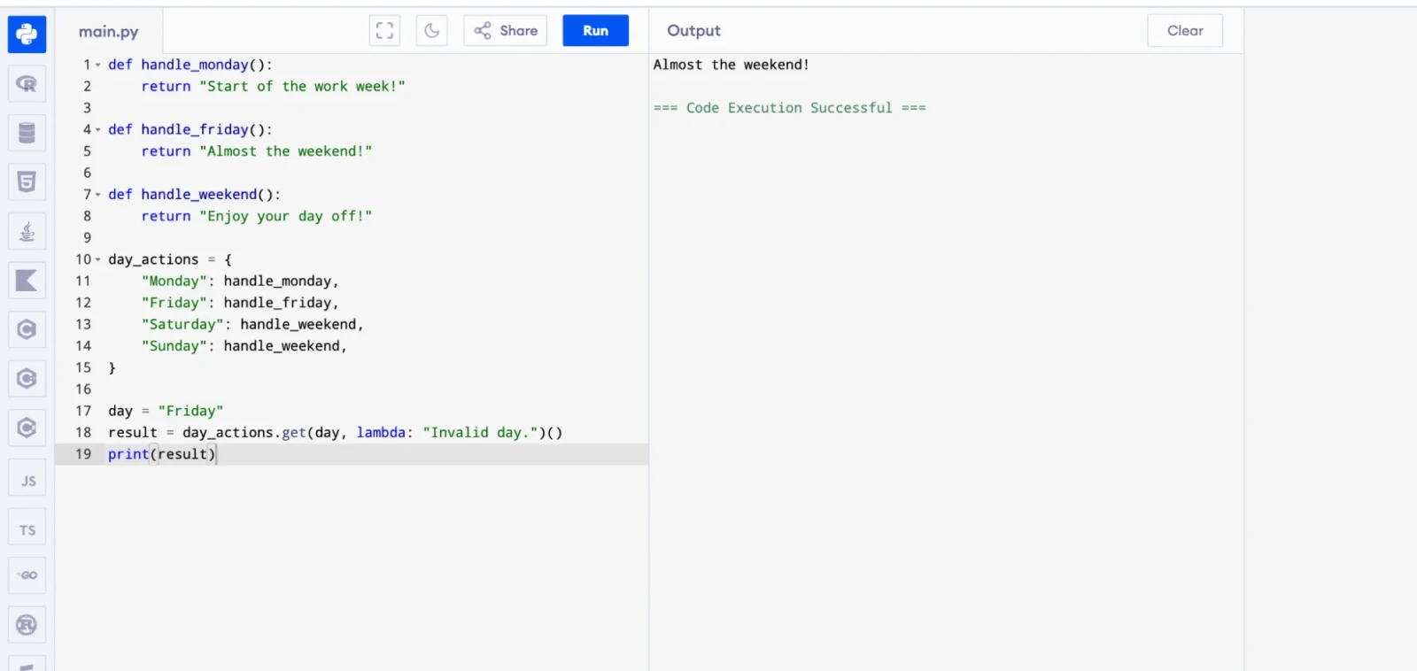 Methods to Implement Switch Case in Python: Dictionary Method