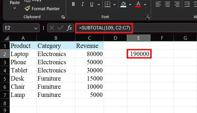 Example 1: SUBTOTAL SUM Function (Ignoring Filtered Data)