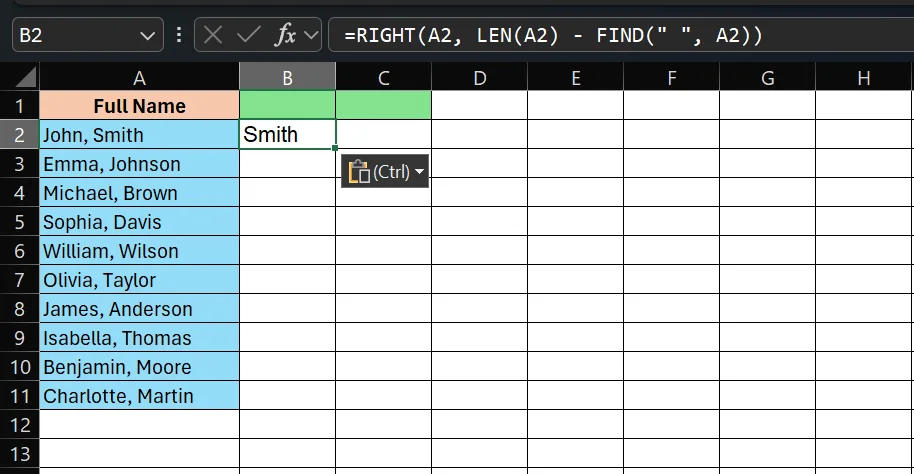Extract First Name (Comma-Separated: "Last, First" Format)