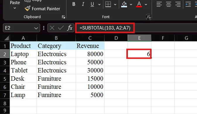 Example 2: SUBTOTAL COUNT Function for Visible Rows