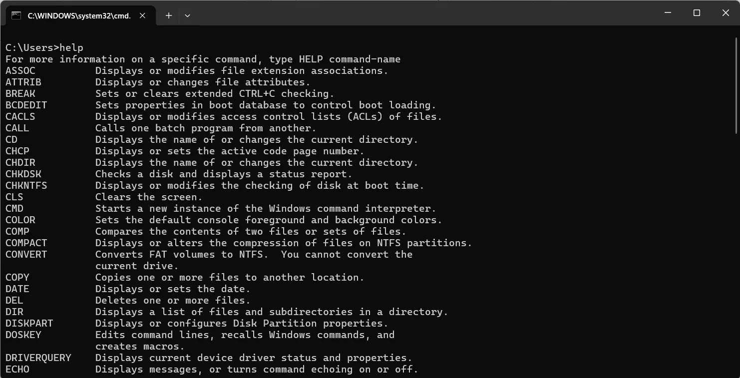 Key Command Prompt Commands: help