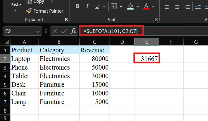 Example 3: SUBTOTAL AVERAGE for Filtered Data