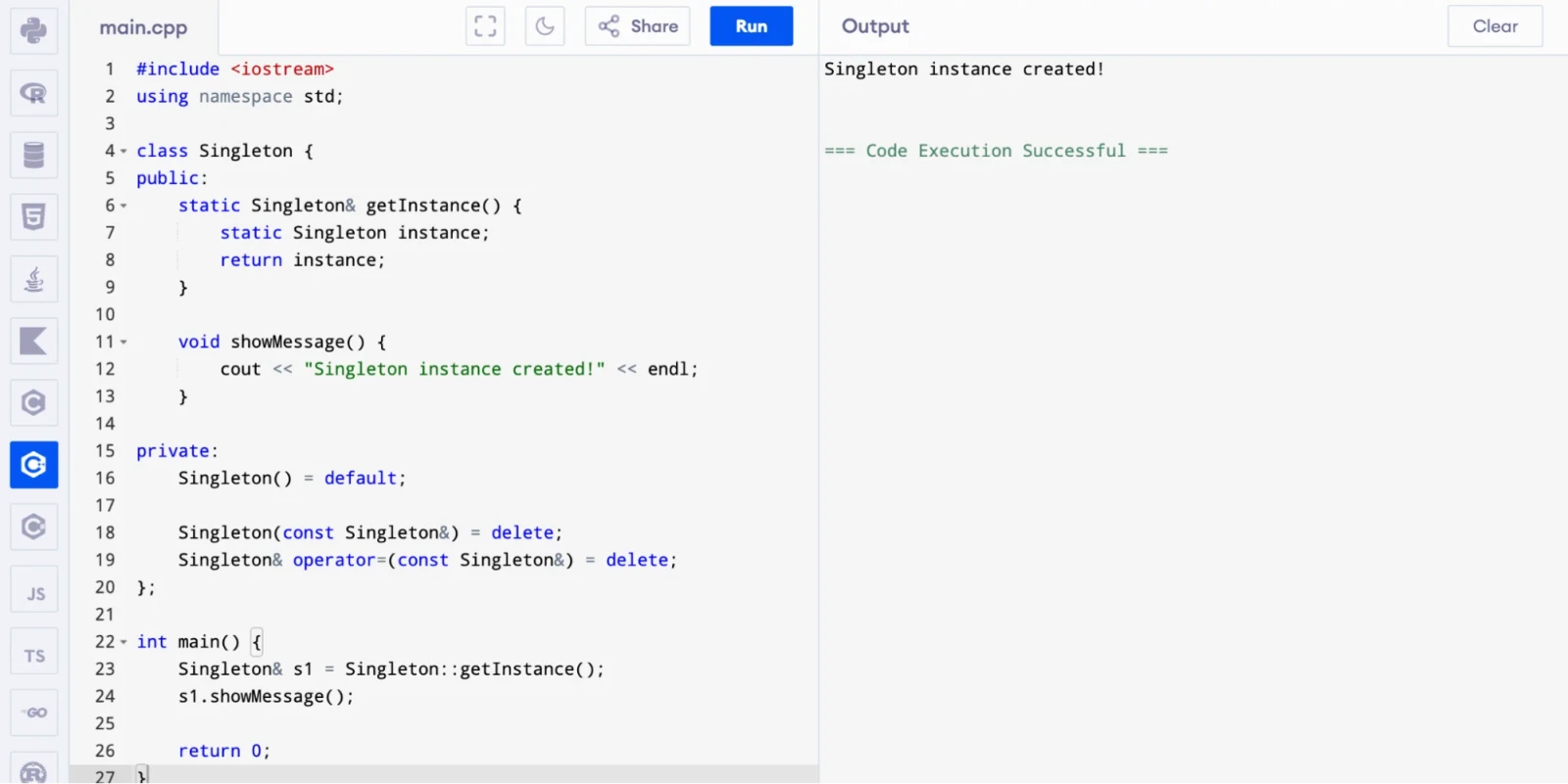 What is the Singleton design pattern and how do you implement it thread-safely in C++?