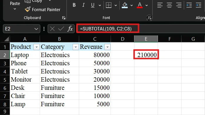 SUBTOTAL with Filters: step 3: apply SUBTOTAL formula