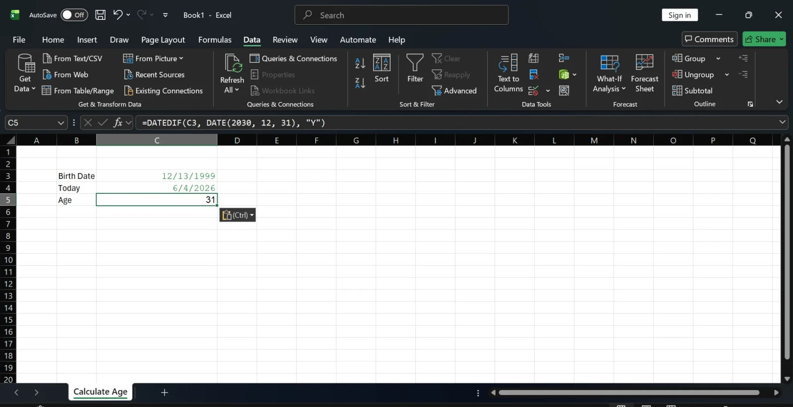 Method 6: Calculate Age in a Specific Year Only example 1