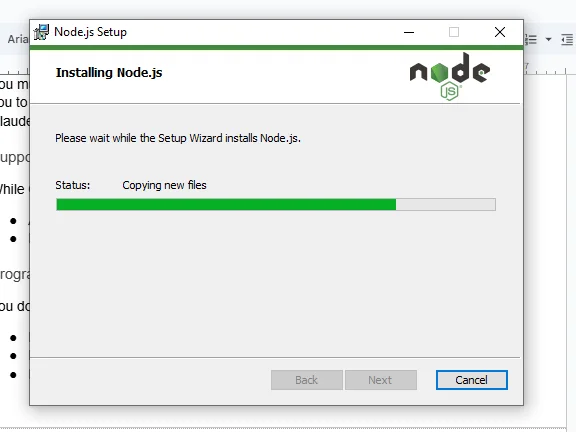 nodejs installing progress for Claude Code setup