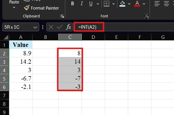 int function in excel