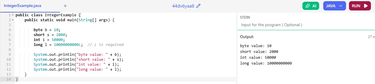 integer data types in java