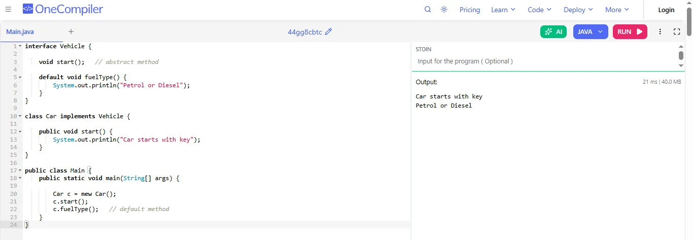interface with default method in java