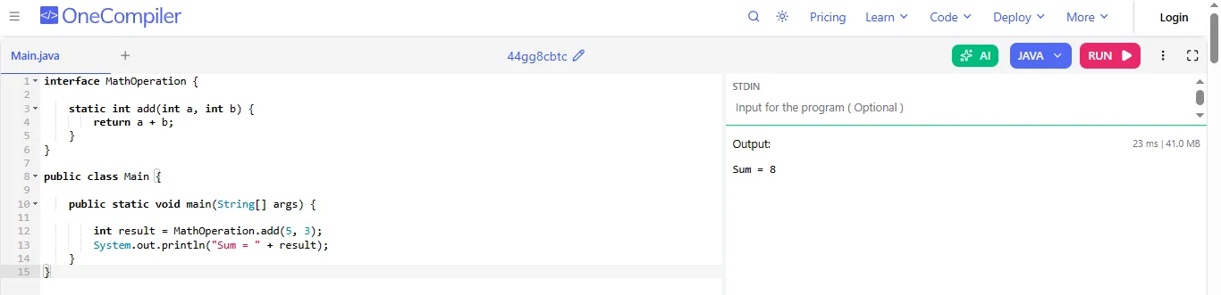 interface with static method in java