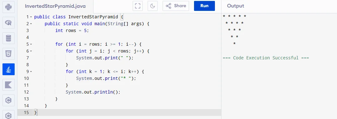 inverted star pyramid pattern program in java