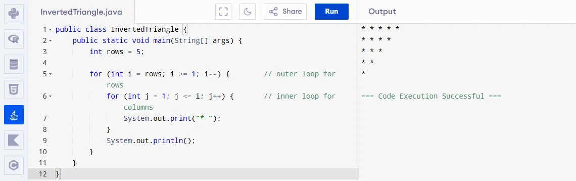 inverted triangle pattern program in java