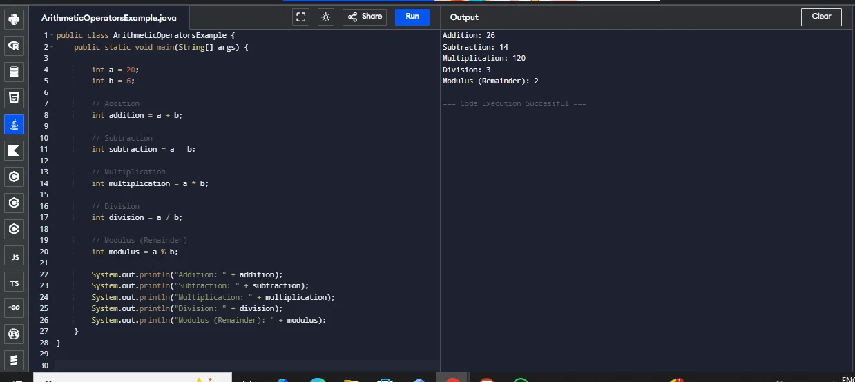java arithmetic operator example