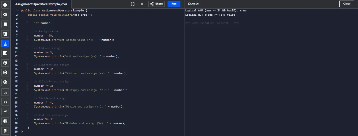 java assignment operator example