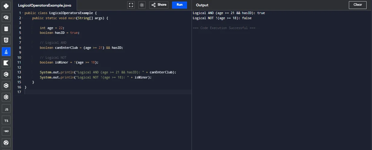 java logical & and logical not example