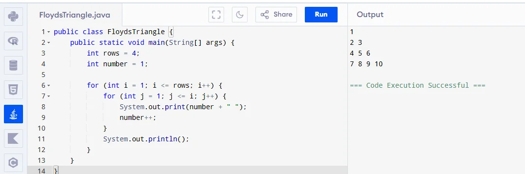 java number pattern program in java