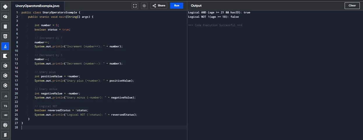java unary operator example