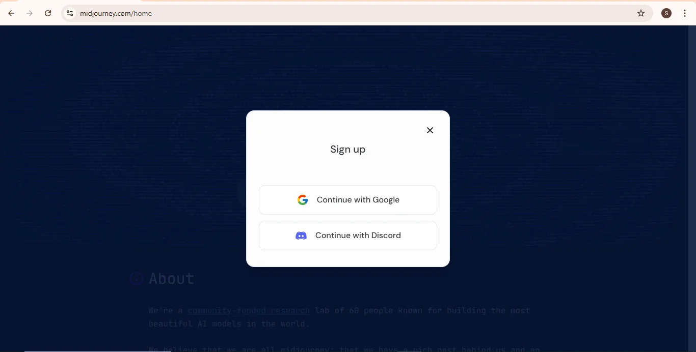 midjourney sign up page