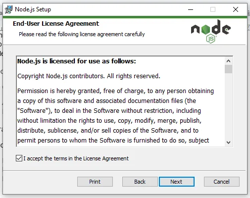 nodejs license agreement during Claude Code setup