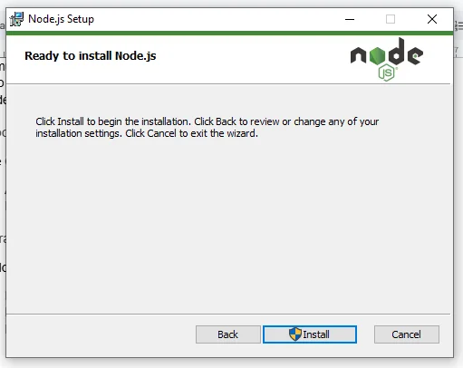 nodejs installation ready screen