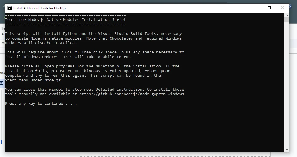 nodejs terminal screen during installation