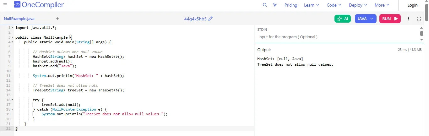 null element in a hashset in java
