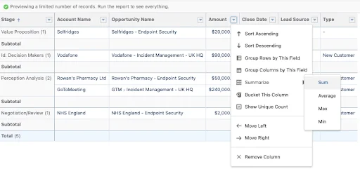 number of columns in salesforce report