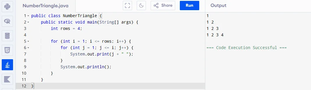 number triangle pattern program in java