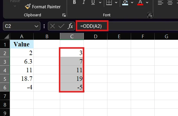odd function in excel