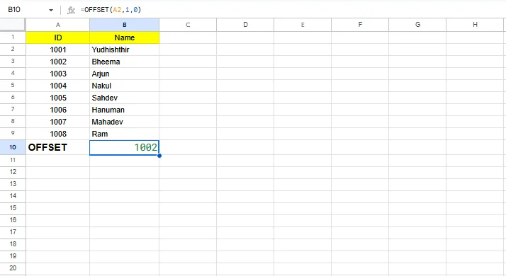offset excel formula